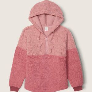 NWT Victoria's Secret PINK Varsity Sherpa Half Zip Pullover Pink Colorblock Med